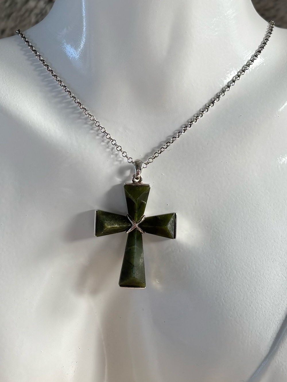 Vintage Connemara Marble Sterling Silver Cross Pendant Necklace